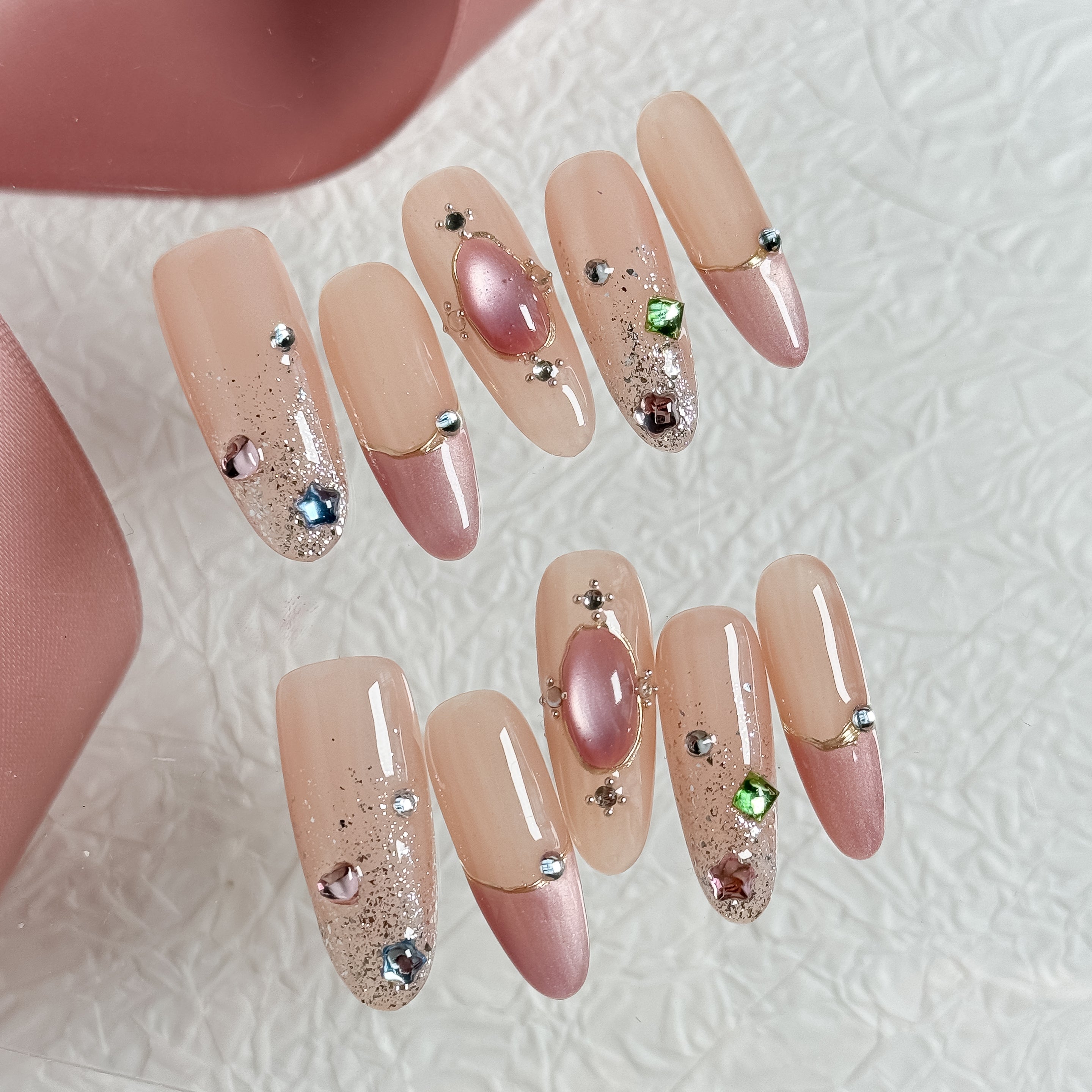 OUROBOROS ベージュ×ピンクビジューネイル- F19